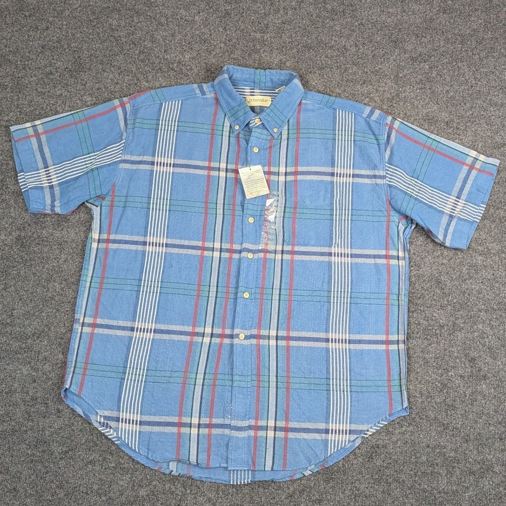 St Johns Bay Mens XL Blue Plaid Short Sleeve Cotton Button Down Shirt NWT‎